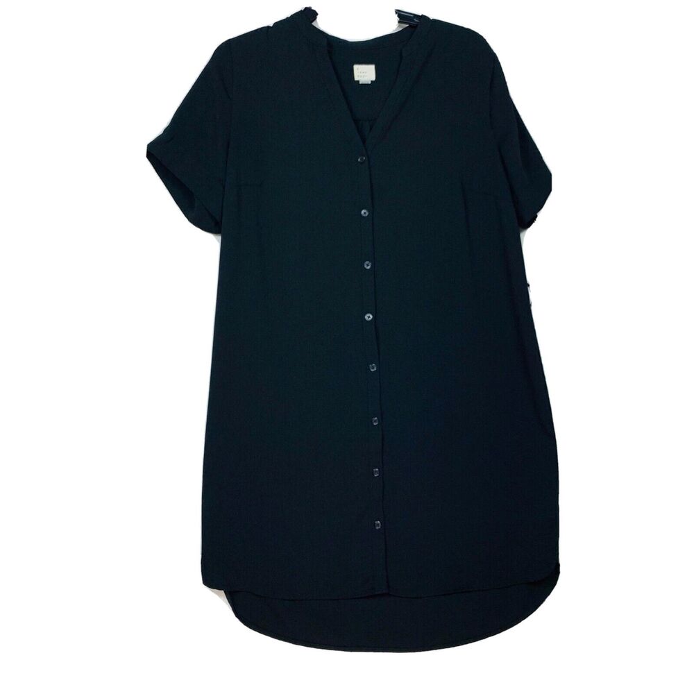 A New Day Black Womens Black Medium Shirt Cover Up Button Front Short Sleeve